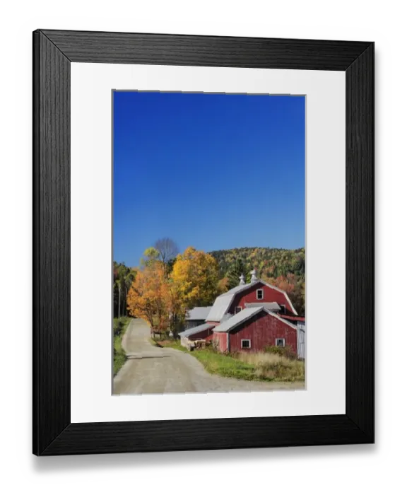 Framed Print : Road beside classic rural barn  /  farm in autumn, New Hampshire