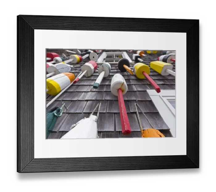 Framed Print : Colorful lobster buoys hang from harbor deck in Bernard, Maine, USA Framed Print : Colorful lobster buoys hang from harbor deck in Bernard, Maine, USA