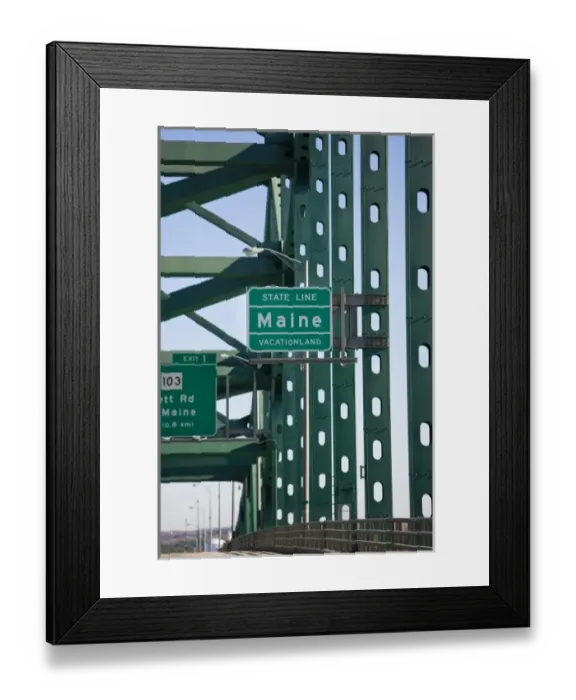 Framed Print : Maine state line sign on the Piscataqua River bridge. I-95. Between Kittery, Maine and Portsmouth Framed Print : Maine state line sign on the Piscataqua River bridge. I-95. Between Kittery, Maine and Portsmouth
