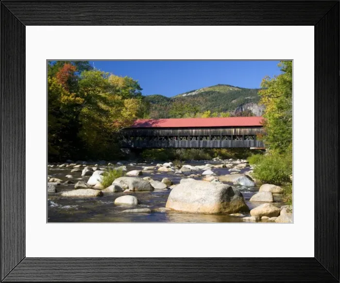 Framed Print : Covered bridge crossing the Swift River in the White Mountain National Forest at Albany