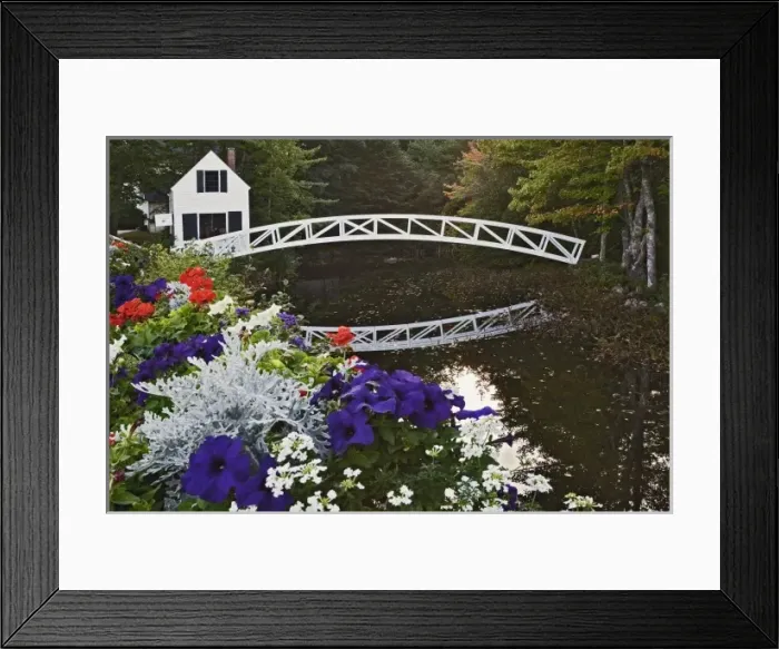 Framed Print : Picturesque footbridge and flowers, Somesville, Mount Desert Island, Maine