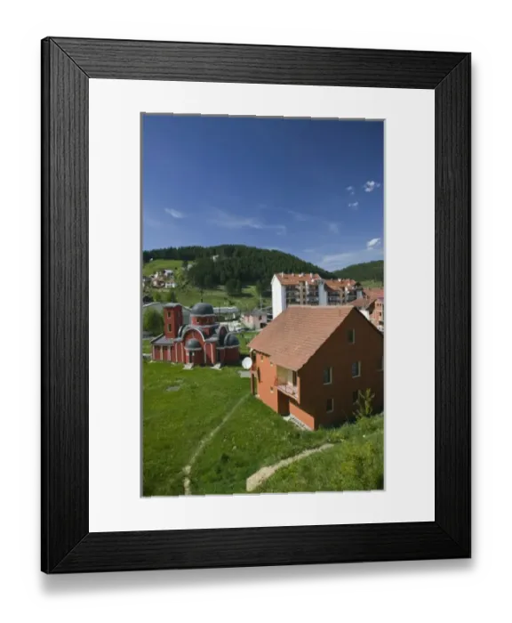 Framed Print : Montenegro, Rozaje, Alpine Town View with Orthodox Church  /  Springtime