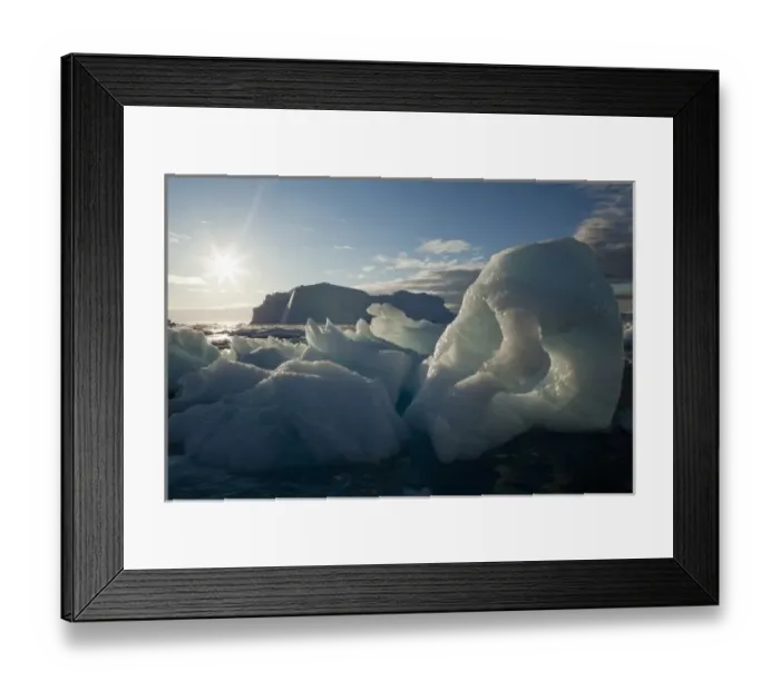 Framed Print : Greenland, Ilulissat, Midnight sun lights icebergs calved from Jakobshavn Glacier