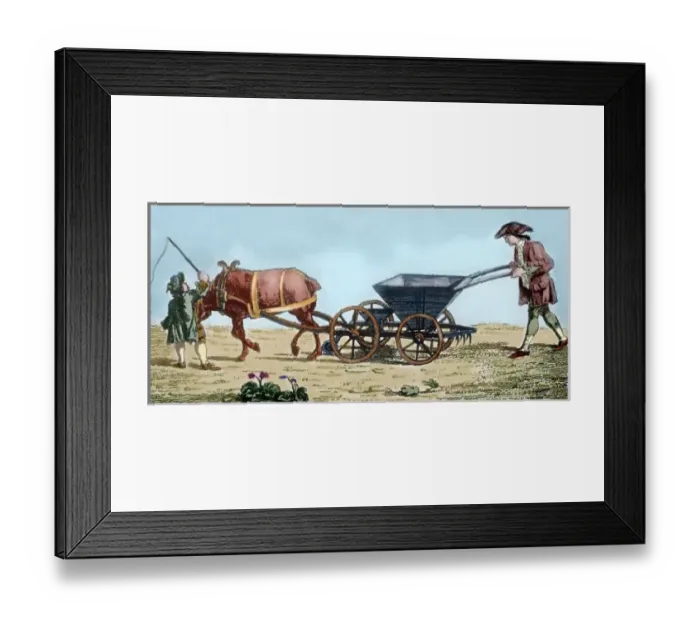 Framed Print : 18th century. Farmer with a seed drill. Colored engraving Framed Print : 18th century. Farmer with a seed drill. Colored engraving
