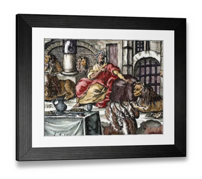 Framed Print : Daniel in the lions den. Colored engraving Framed Print : Daniel in the lions den. Colored engraving