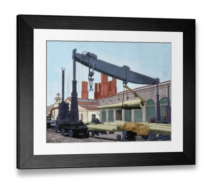 Framed Print : Trubia factory. Transporting the guns destined to battleship Pelayo. Engraving by Framed Print : Trubia factory. Transporting the guns destined to battleship Pelayo. Engraving by