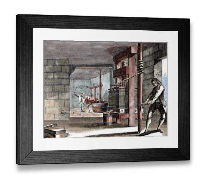 Framed Print : Workshop dedicated to handcrafting the paperboard. Pulping and pressing. 18th Century Framed Print : Workshop dedicated to handcrafting the paperboard. Pulping and pressing. 18th Century