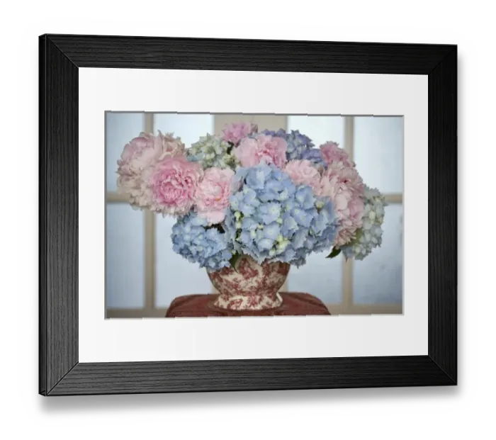 Framed Print : Close-up of hydrangea and peony flower arrangement on table next to window Framed Print : Close-up of hydrangea and peony flower arrangement on table next to window