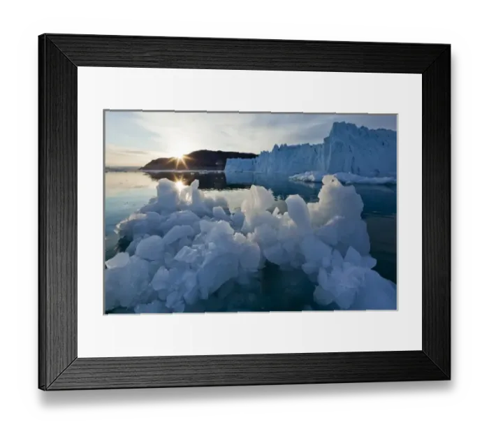 Framed Print : Greenland, Ilulissat, Setting midnight sun lights icebergs and blue ice face of Eqip