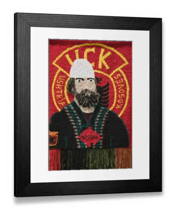 Framed Print : Kosovo, Pec. Roadside Souvenir stall selling rugs with UCK (Ushtria Clirimtare e
