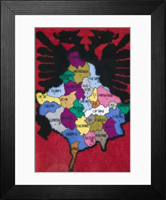 Framed Print : KOSOVO, Pec. Roadside Souvenir stall selling rug with Albanian Map. Kosovo is primarily Framed Print : KOSOVO, Pec. Roadside Souvenir stall selling rug with Albanian Map. Kosovo is primarily
