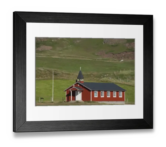 Framed Print : Greenland, Eriks Fjord (aka Eriksfjord), Brattahlid (aka Qassiarsuk). Modern village church