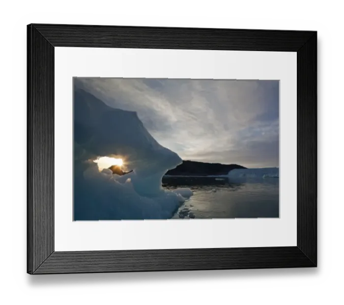 Framed Print : Greenland, Ilulissat, Setting midnight sun lights iceberg floating near Eqip Glacier