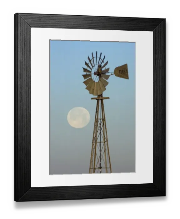 Framed Print : Windmill at sunrise with Full Moon, Canyon, Panhandle, Texas, USA