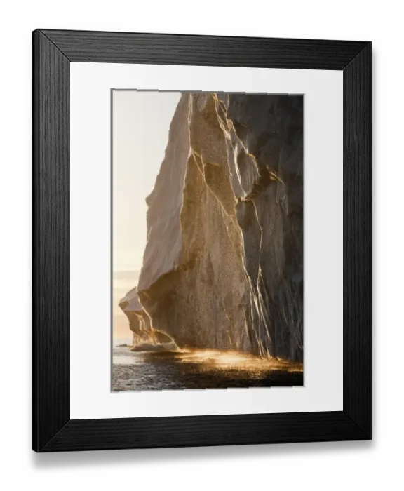 Framed Print : Greenland, Ilulissat, Midnight sun lights water melting from iceberg calved