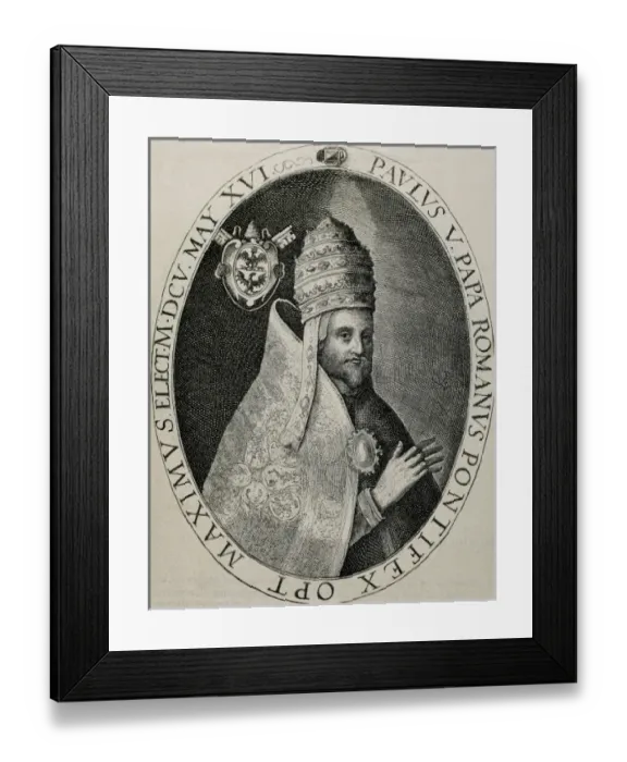 Framed Print : Paul V (1552-1621). Italian pope (1605-21), named Camillo Borghese. Engraving by Crispin de Passe Framed Print : Paul V (1552-1621). Italian pope (1605-21), named Camillo Borghese. Engraving by Crispin de Passe