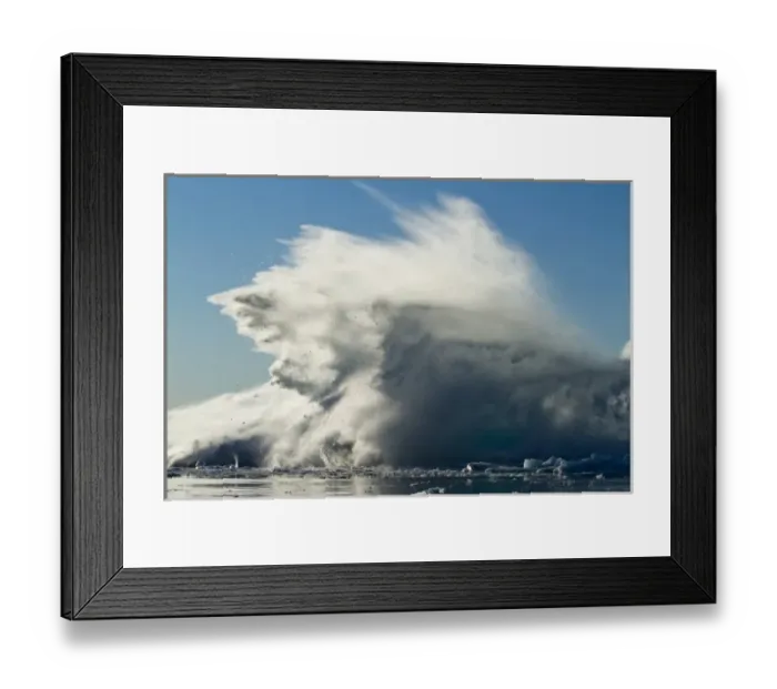 Framed Print : Greenland, Ilulissat, Slab of ice falling from massive iceberg calved from Jakobshavn Framed Print : Greenland, Ilulissat, Slab of ice falling from massive iceberg calved from Jakobshavn
