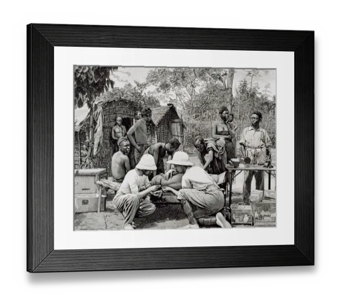Framed Print : History of Africa. Doctors in an expedition of European explorers, examining Framed Print : History of Africa. Doctors in an expedition of European explorers, examining