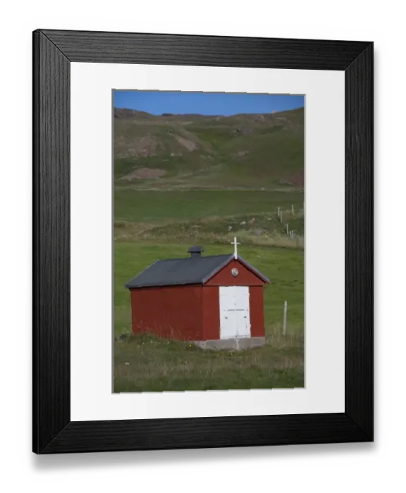 Framed Print : Greenland, Eriks Fjord, Brattahlid. Tiny church building Framed Print : Greenland, Eriks Fjord, Brattahlid. Tiny church building