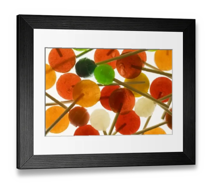 Framed Print : Colorful design with variety of lollipop candy on sticks