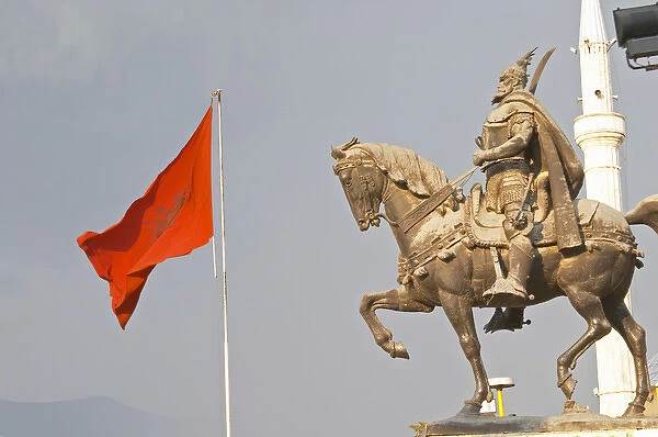 15th century warrior and national hero Skanderbeg on a huge stone socle. The Tirana