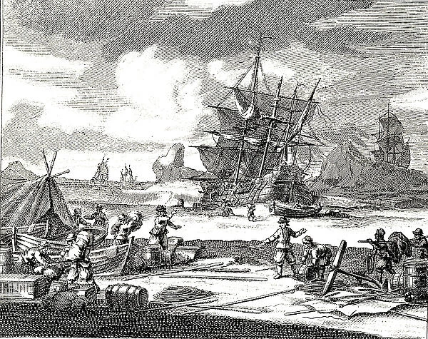17th cent engraving. Unloading a marooned ship. Germany Copyright: aA Collection