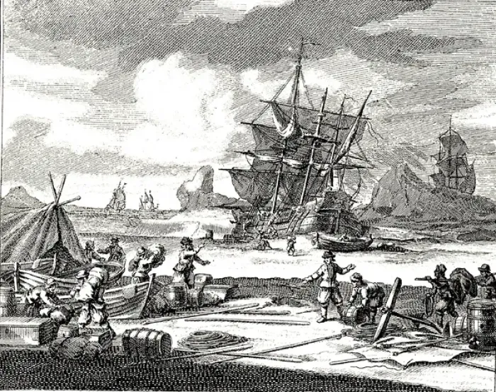 Framed Print : 17th cent engraving. Unloading a marooned ship. Germany Copyright: aA Collection Framed Print : 17th cent engraving. Unloading a marooned ship. Germany Copyright: aA Collection