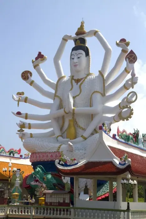 Framed Print : 18 arm Buddha statue at Wat Plai Laem temple located on the island of Ko Samui, Thailand