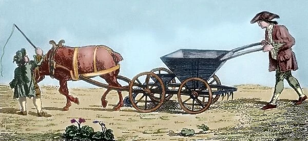 18th century. Farmer with a seed drill. Colored engraving