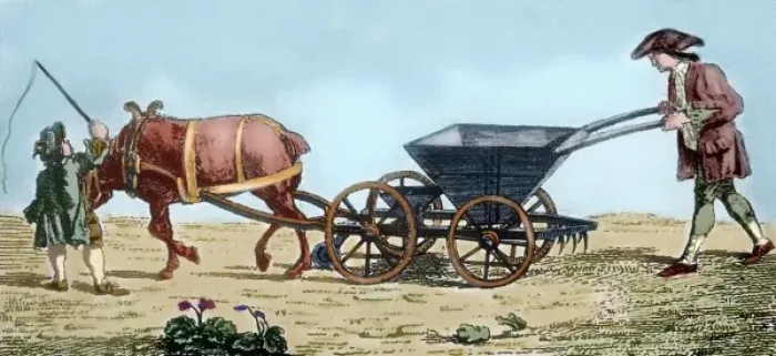 Framed Print : 18th century. Farmer with a seed drill. Colored engraving Framed Print : 18th century. Farmer with a seed drill. Colored engraving