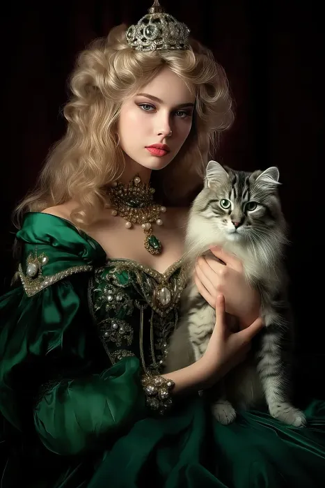 Framed Print : 18th century queen holding Maine coon cat. ©Jim Zuckerman  /  Jaynes Gallery  /  DanitaDelimont.com