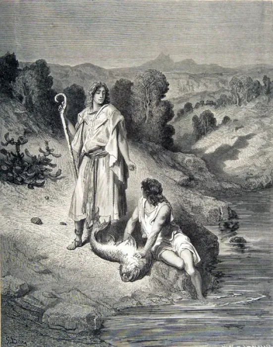 Framed Print : 19th cent. engraving by Gustave Dore. Tobias and the Angel. Copyright: aA Framed Print : 19th cent. engraving by Gustave Dore. Tobias and the Angel. Copyright: aA
