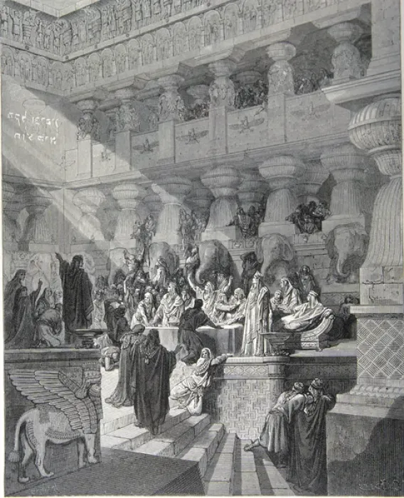 Framed Print : 19th cent. engraving. Gustave Dore. Belshazzars Feast. Copyright: aA Collection