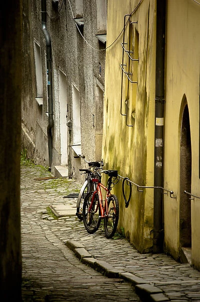 2 bicycles on cobblestone street, Passau, Germany