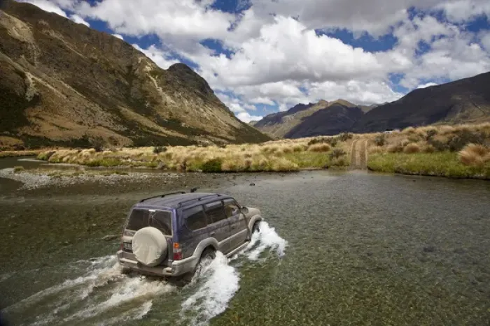 Framed Print : 4WD crossing the Mararoa River, near Mavora Lakes, Southland, South Island, New Zealand