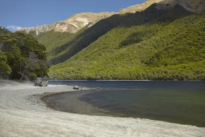 Framed Print : 4WD on track around North Mavora Lake, and Livingstone Mountains, Southland, South Island