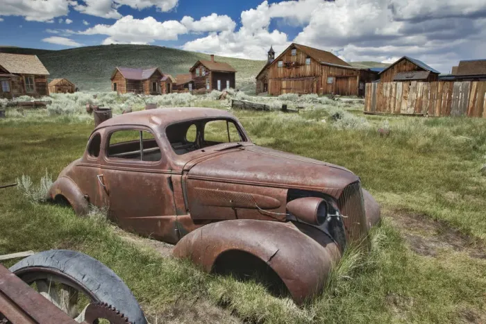 Framed Print : Abandoned automobile, Bodie State Historic Park viewed through window, California