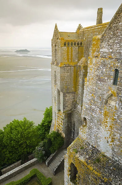Abbey walls and bay, Mont Saint-Michel monastery, Normandy, France