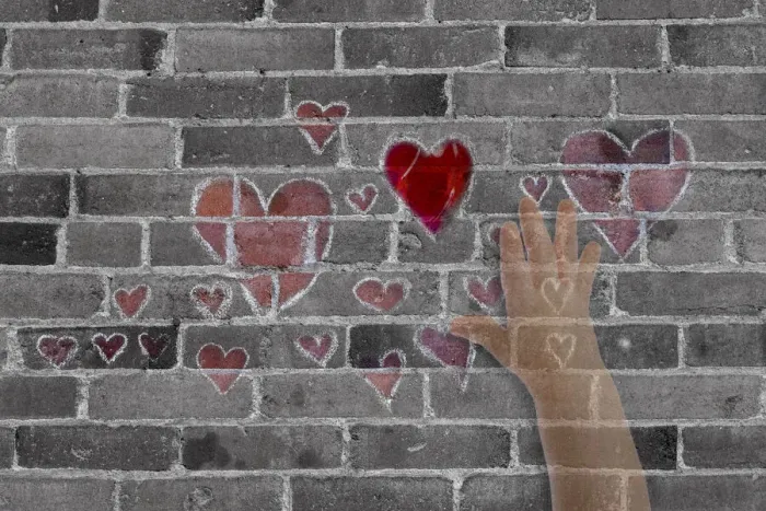Framed Print : Abstract of brick wall with hearts and hand Framed Print : Abstract of brick wall with hearts and hand
