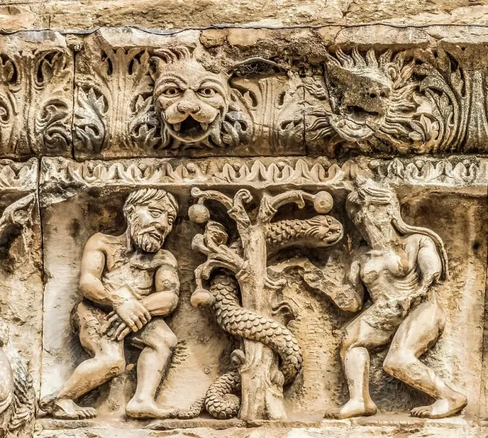 Framed Print : Adam and Eve facade, Nimes Cathedral, Gard, France. Created 1100 AD
