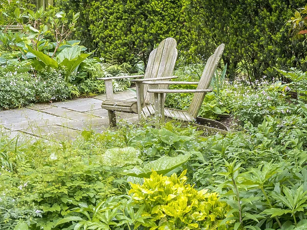 Adirondack chairs on a patio of a garden