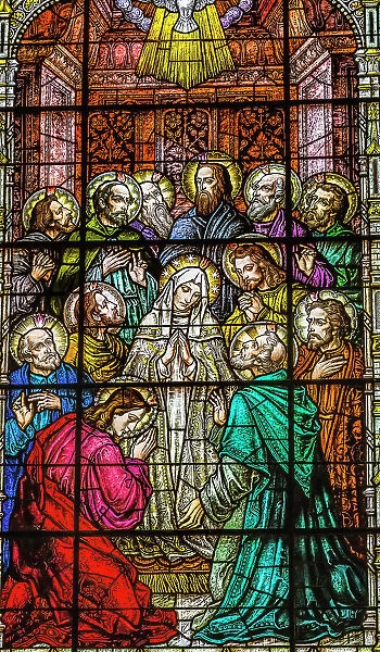 Adoration of Virgin Mary Disciples stained glass Gesu Church, Miami, Florida. Built 1920's. Glass by Franz Mayer