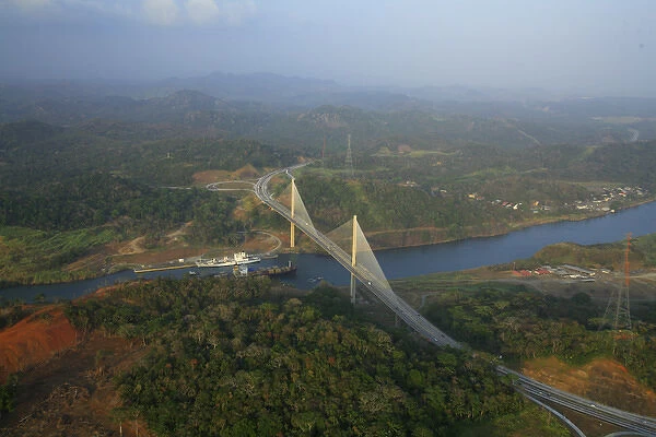 aerial image of the Millenium Bridge, spanning over the Panama Canal, Panama. The