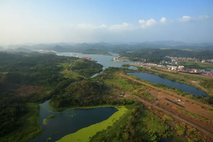 Framed Print : aerial image of Panama Canal close to Panama City and Miraflores Locks, expansion work visible Framed Print : aerial image of Panama Canal close to Panama City and Miraflores Locks, expansion work visible
