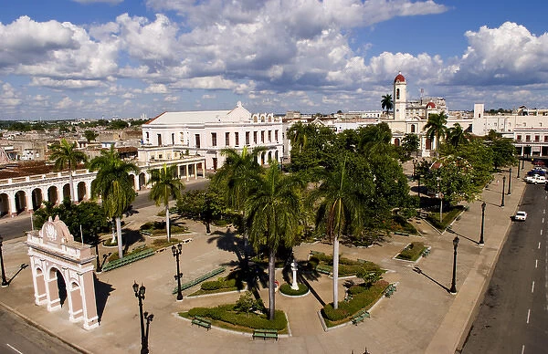 Aerial nbirdseye view of square in downtown ceneter of Cienfuegos Cuba