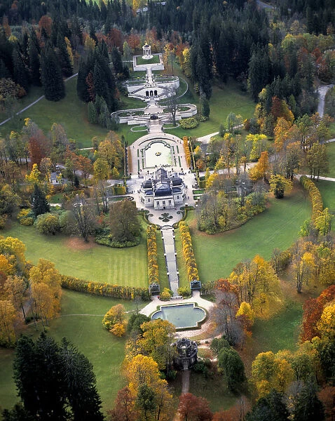 An aerial photograph shows the carefully groomed and decorated grounds of Linderhof Castle