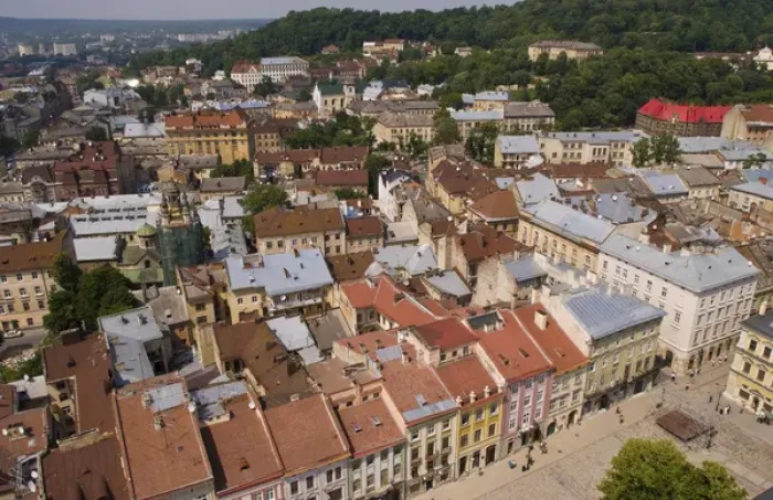 Framed Print : Aerial from above shot from City Hall tower of the beautiful city of Lviv Ukraine