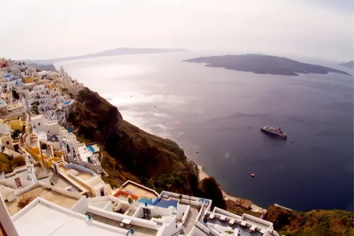 Framed Print : Aerial View of Beautiful Fira and Cruise Ship in Santorini Greece