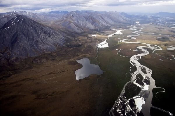 An aerial view of the Brooks mountain range and arctic valley where it is purported