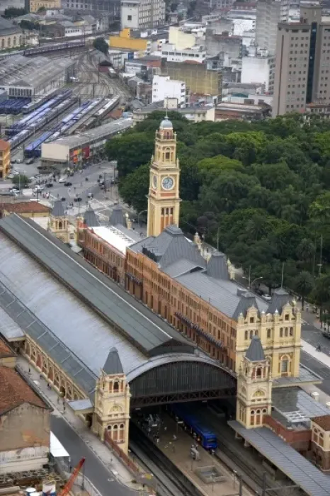Framed Print : Aerial view of a clock tower on Estacion Luz train station in Sao Paulo, Brazil